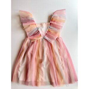 NWT Girls' H&M Pink Orange Rainbow Pleated Tulle V-Neck Babydoll Dress, Size 10